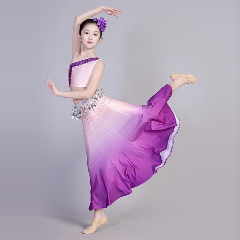 新款儿童傣族舞蹈演出服女少儿鱼尾裙大摆练习裙亮片孔雀舞表演服