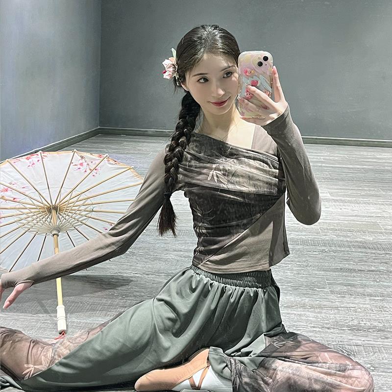 古典舞服装中国风新中式水墨舞蹈长袖套指上衣现代舞蹈练功形体服