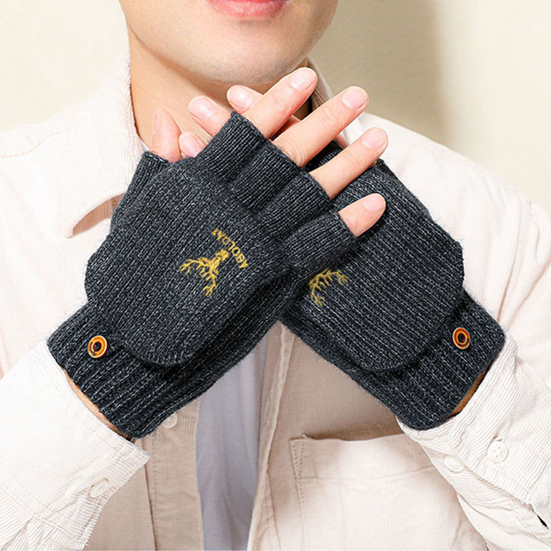 手套男冬天半指翻盖 露指学生写字秋冬季针织毛线骑车开车玩游戏