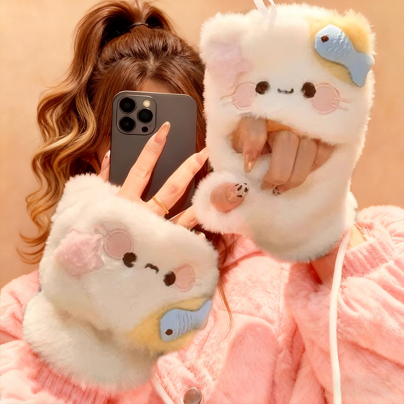 可爱卡通猫咪毛绒手套冬季保暖