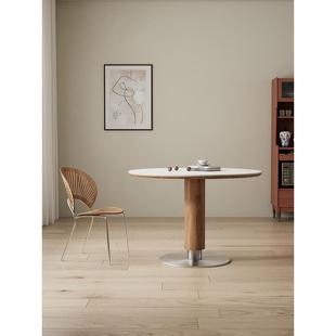 途远实木洞石岩板餐桌简约餐厅纯白圆形饭桌家用小户型圆桌洽谈桌