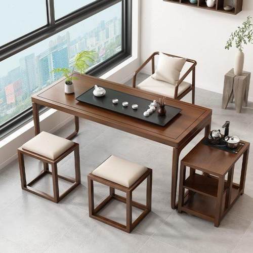 新中式实木茶桌椅套装现代简约客厅家用大板桌办公茶台移动茶水柜