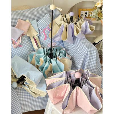 Rosy撞色五折彩胶遮阳伞防晒抗UV晴雨两用女小巧手动折叠遮阳