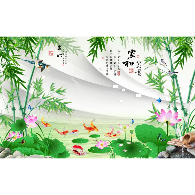 现代新中式装饰画沙发电视山水壁画风景竹子家和万事兴背景墙