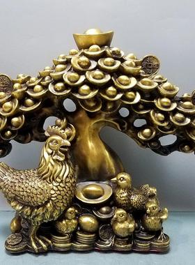 包邮金鸡摇钱树摆件纯铜母鸡发财树玄关办公室店铺装饰工艺品摆设
