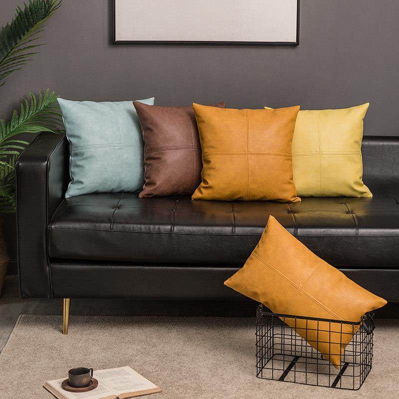 轻奢皮抱枕拼接十字皮沙发抱枕皮靠垫抱枕客厅皮枕套皮沙发靠背枕