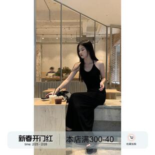 红人馆挂脖连衣裙女夏季 新款 黑色高级垂坠感长裙气质超火吊带裙子