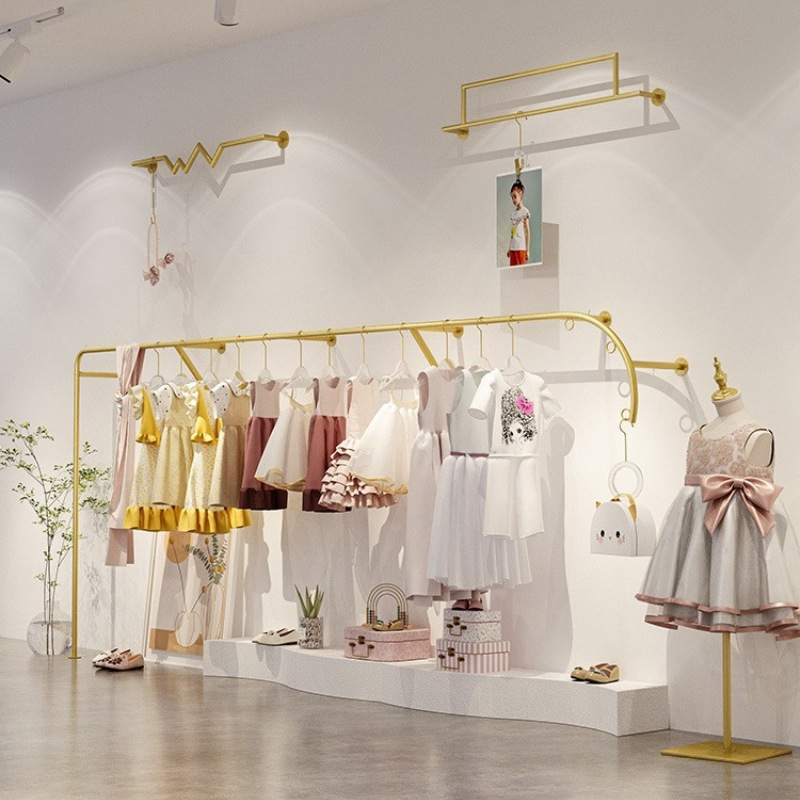 童装展示架商场服装店上墙壁挂式金色架子侧挂母婴店衣服陈列货架