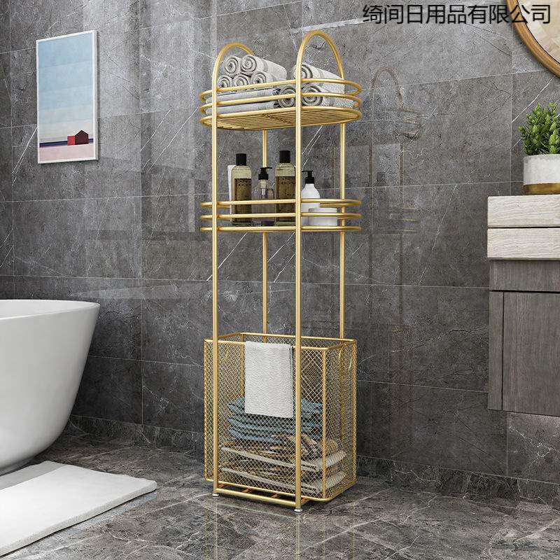 北欧轻奢卫生间置物架落地浴巾毛巾架免打孔 浴室浴缸边脏衣篮架