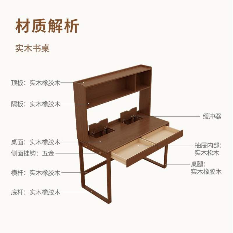 实木书桌书架一体桌子电脑桌卧室家用初中生学习桌台式办公桌