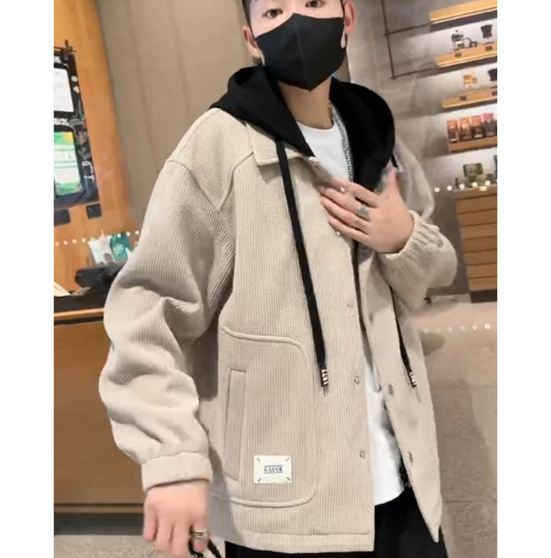 加厚学院风连帽夹克外套男士假两件重磅卫衣休闲运动青年宽松上衣