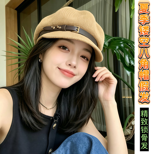 镂空八角帽假发女夏季百搭经典减龄遮阳休闲韩版大头围草帽贝雷帽