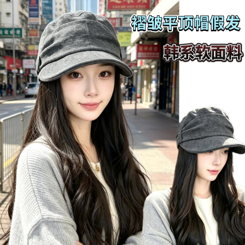 褶皱软檐八角帽假发女长发秋冬韩系高级感宽檐显脸小百搭时尚平顶