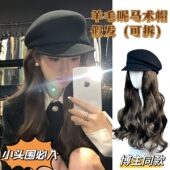 韩系ins风假发帽子一体女fever同款 秋冬羊毡帽毛呢马术报童贝雷帽