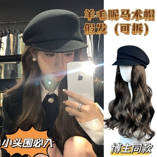 韩系ins风假发帽子一体女fever同款秋冬羊毡帽毛呢马术报童贝雷帽