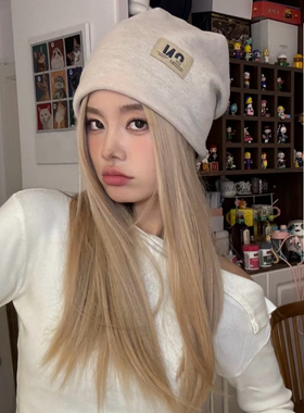 韩系春秋冬纯色冷帽包头帽白金色直发假发女显白气质辣妹堆堆帽