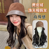 复古麂皮绒拼皮渔夫帽假发女高级素颜纯色百搭时尚 显脸小保暖盆帽