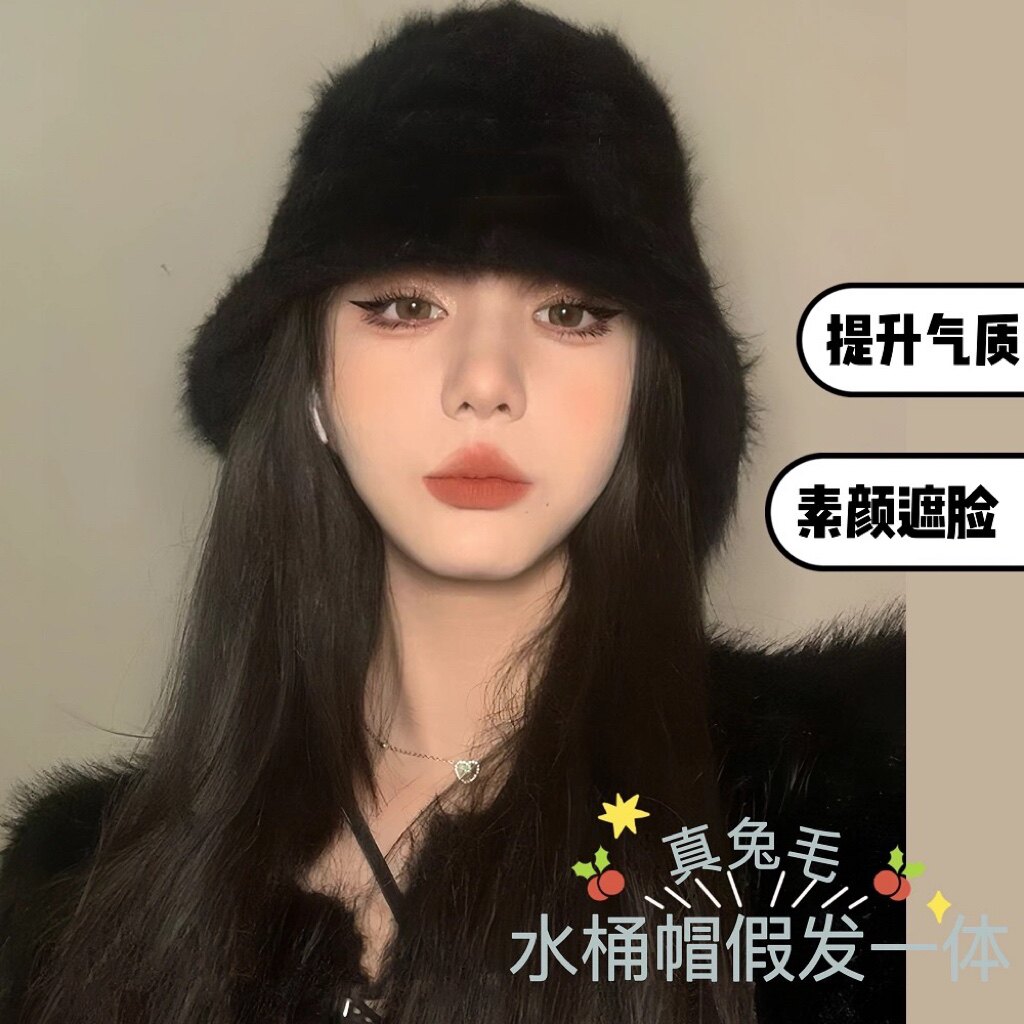 假发女帽子假发一体水桶帽渔夫帽真兔毛显脸小整头仿真发长发