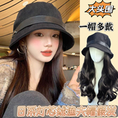 灯芯绒大头围渔夫帽假发女秋冬宽松一帽多戴复古休闲素颜水桶盆帽