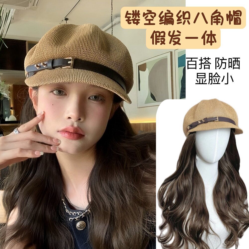 帽子假发一体女夏季镂空草帽韩版英伦八角帽贝雷帽气质显脸小帽子