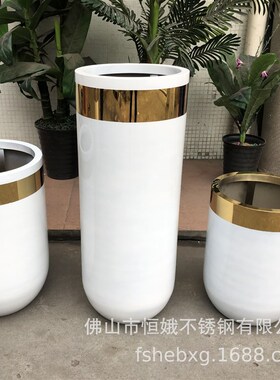 极速厂销62047 金色边圆形花钵 不锈钢圆柱形花盆 多种Y颜色烤漆