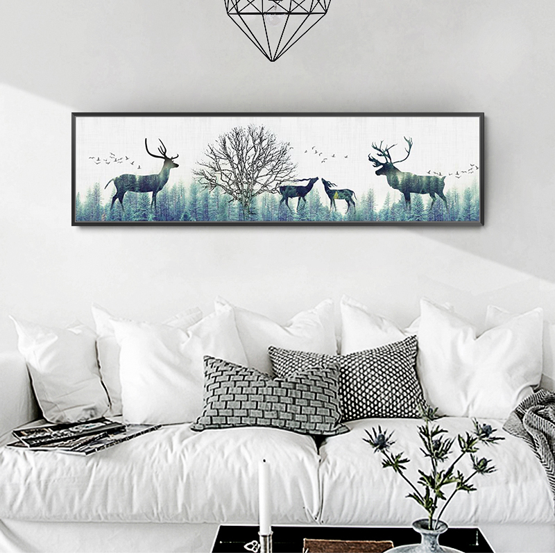 极速北欧卧室床头画麋鹿装饰画宾馆房间横版长幅挂画简Y约现代墙图片