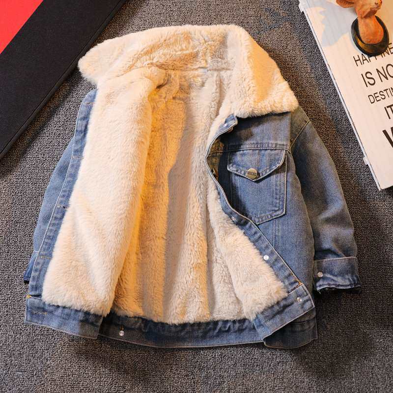 极速儿童装男童加绒牛仔外套202B2年新款加厚兔毛派克服秋冬装洋