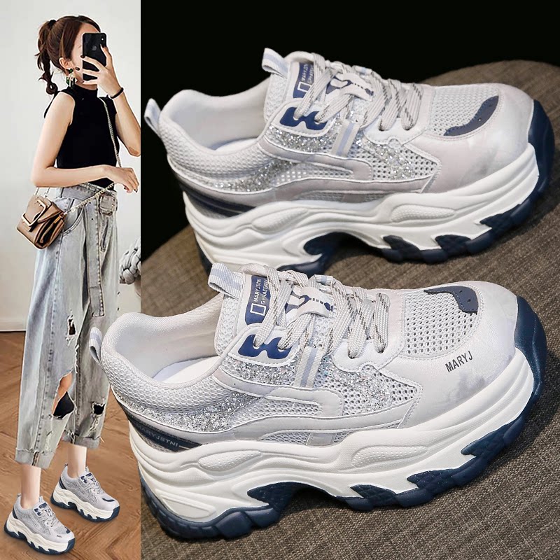 巨好看不累脚老爹鞋女2026夏季新款厚底增高白色薄款透气网面女鞋图片