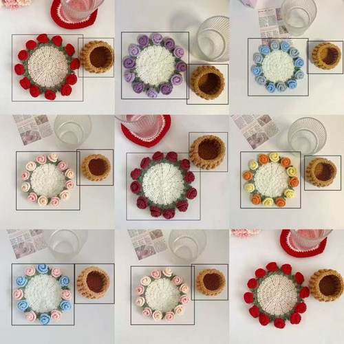 手工编织毛线DIY玫瑰花束杯垫