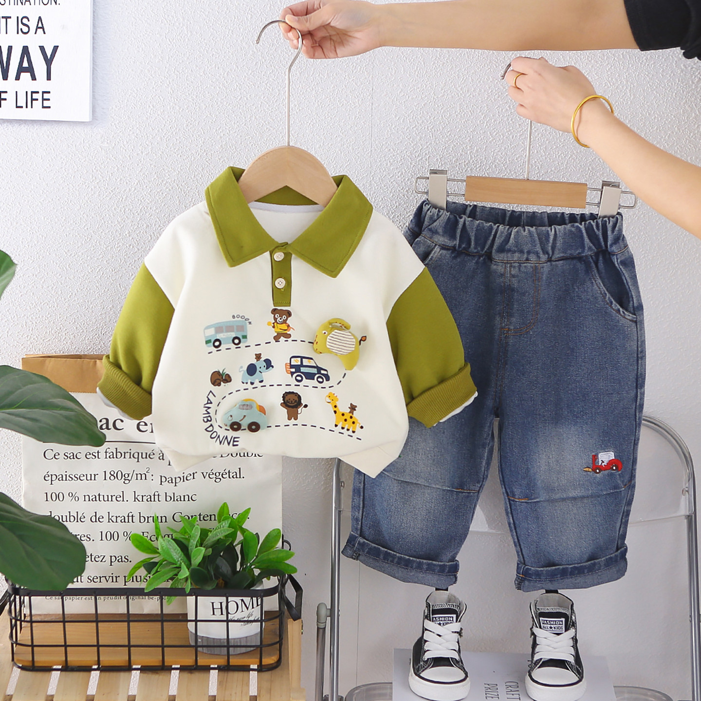 2026新款男童春秋卡通翻领POLO门襟衫两件套装宝宝帅气休闲卫衣潮