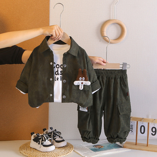 2026新款男童春秋灯芯绒三件套休闲帅气卡通动物外套痞帅潮酷套装
