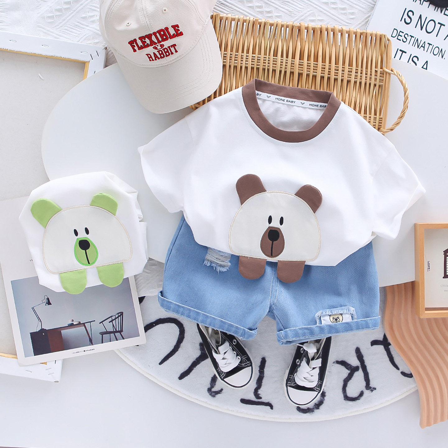 男童夏季薄款圆领短袖两件套装宝宝 休闲卡通小熊印花T恤牛仔短裤