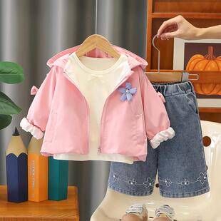 2026新款女童可爱甜美休闲风衣连帽拉链外套三件套装韩版春秋洋气