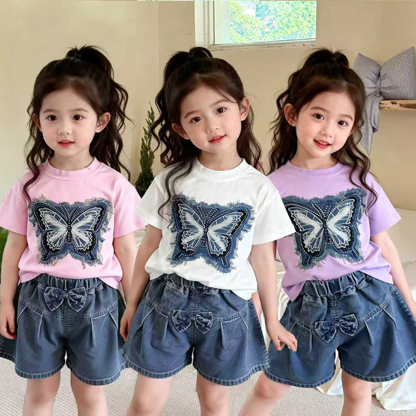 2026新款辣妹风蝴蝶贴布短袖T恤女夏季薄牛仔短裤2件套装洋气减龄