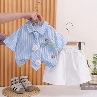 男童新款夏季薄款条纹衬衫两件套装休闲自带领带卡通刺绣短袖洋气
