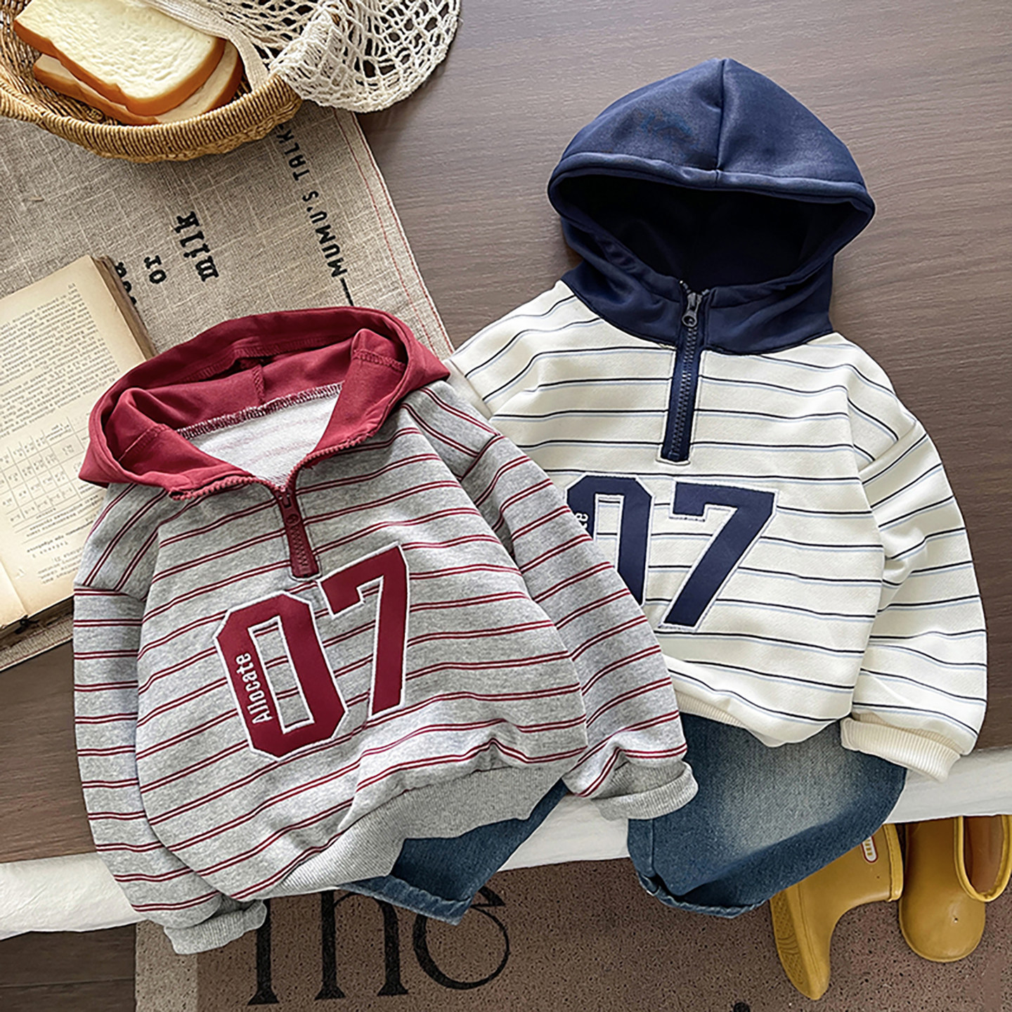 2026新款男童春秋休闲连帽卫衣两件套装条纹运动半拉连帽衫洋气潮