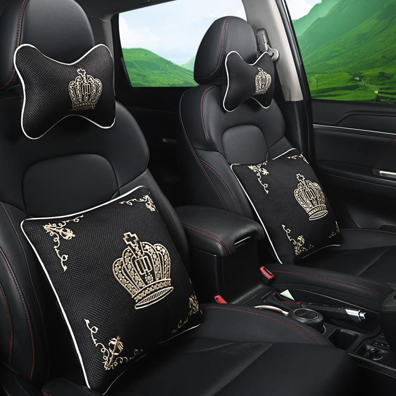 汽车抱枕头枕一对亚麻四件套个性可爱车内靠枕透气腰垫车用护颈枕