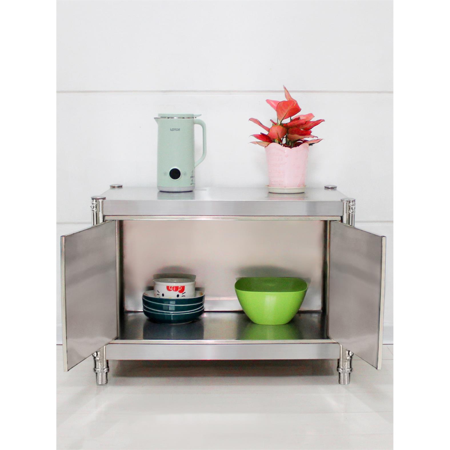 50高不锈钢带柜门置物架微波炉收纳架烤箱架双层台面储物架落地式