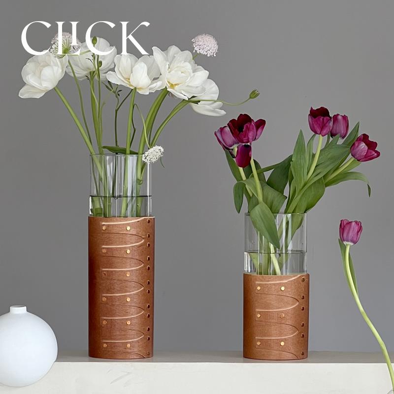 click夏克盒木皮玻璃直筒花瓶摆件新中式高款家用商用装饰复古