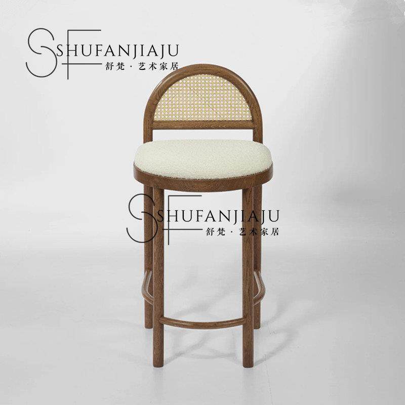 新款中古实木藤编酒吧椅现代简约家用高脚椅前台样板间岛台靠背椅,住宅家具,家用高脚椅,淘宝优惠券,粉丝福利购,淘宝优惠卷