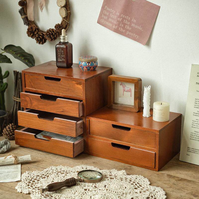 桌面抽屉式三层收纳小号储物柜木质化妆品杂物盒显示屏增高架