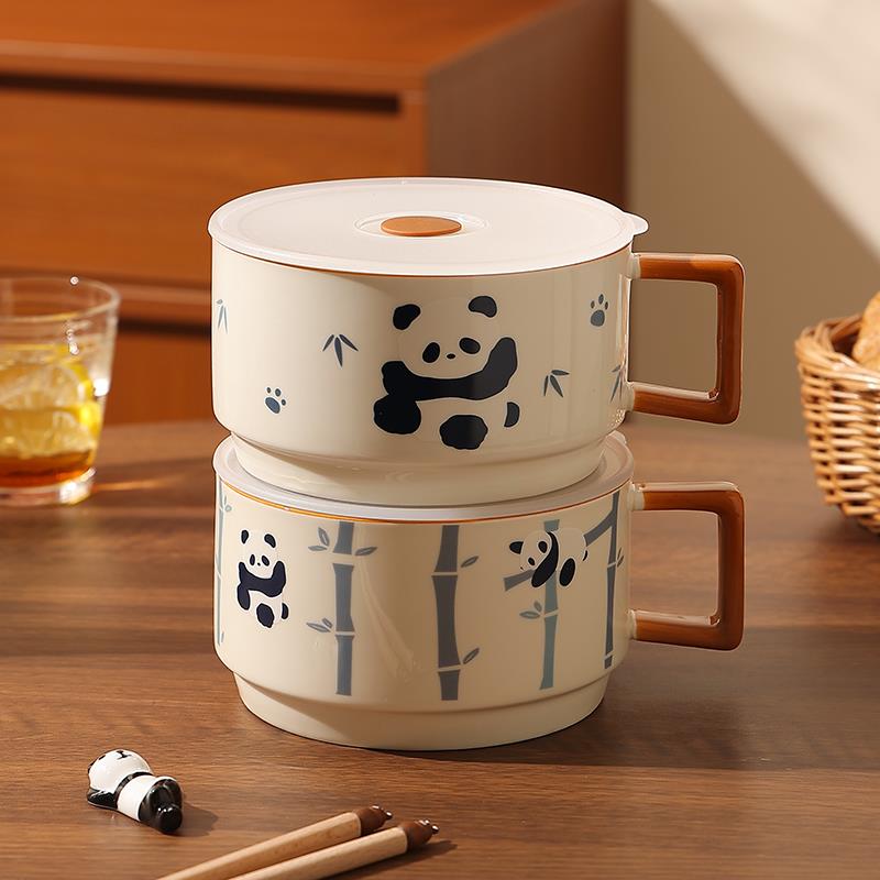 可爱熊猫泡面碗陶瓷碗带盖可微波吃面碗个人专用上班大容量打饭碗