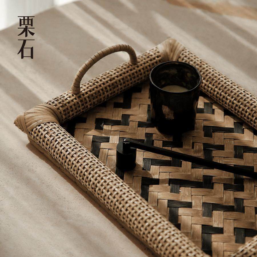 栗石【绮罗】复古手工藤编竹编托盘摆件民宿家用下午茶点心盘茶盘