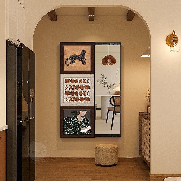 带古风壁画中隐形推拉镜子装饰画玄关穿衣镜法式隐藏式挂画全身镜