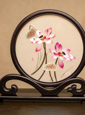 中式桌面摆件手工刺绣摆台古典双面绣台屏绣花屏风装饰品特色礼品