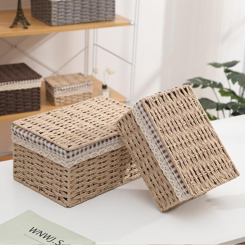 收纳盒桌面化妆品杂物钥匙遥控器储物整理带盖宿舍茶几编织收纳筐