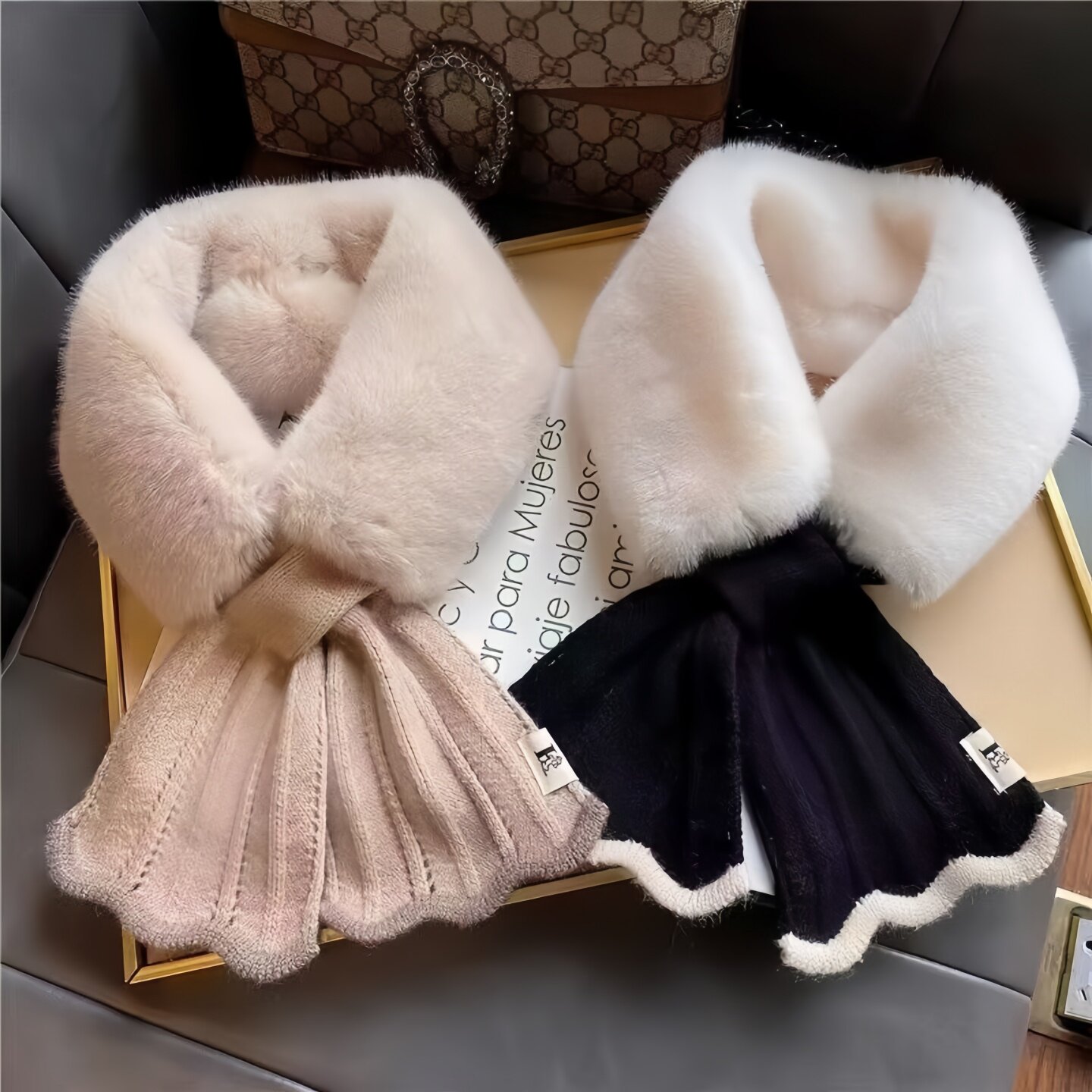 毛绒交叉围脖女秋冬季韩版针织加厚保暖毛毛绒围巾花边交叉毛领子