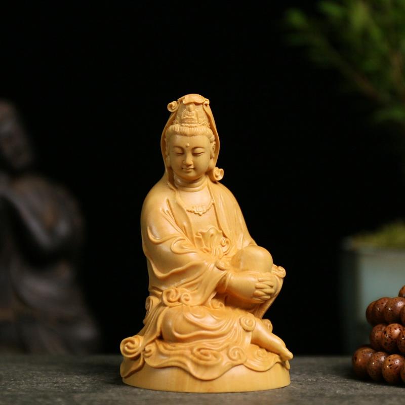 小叶黄杨木雕实木汽车摆件居家装饰雕刻工艺礼品饰品佛像自在观音