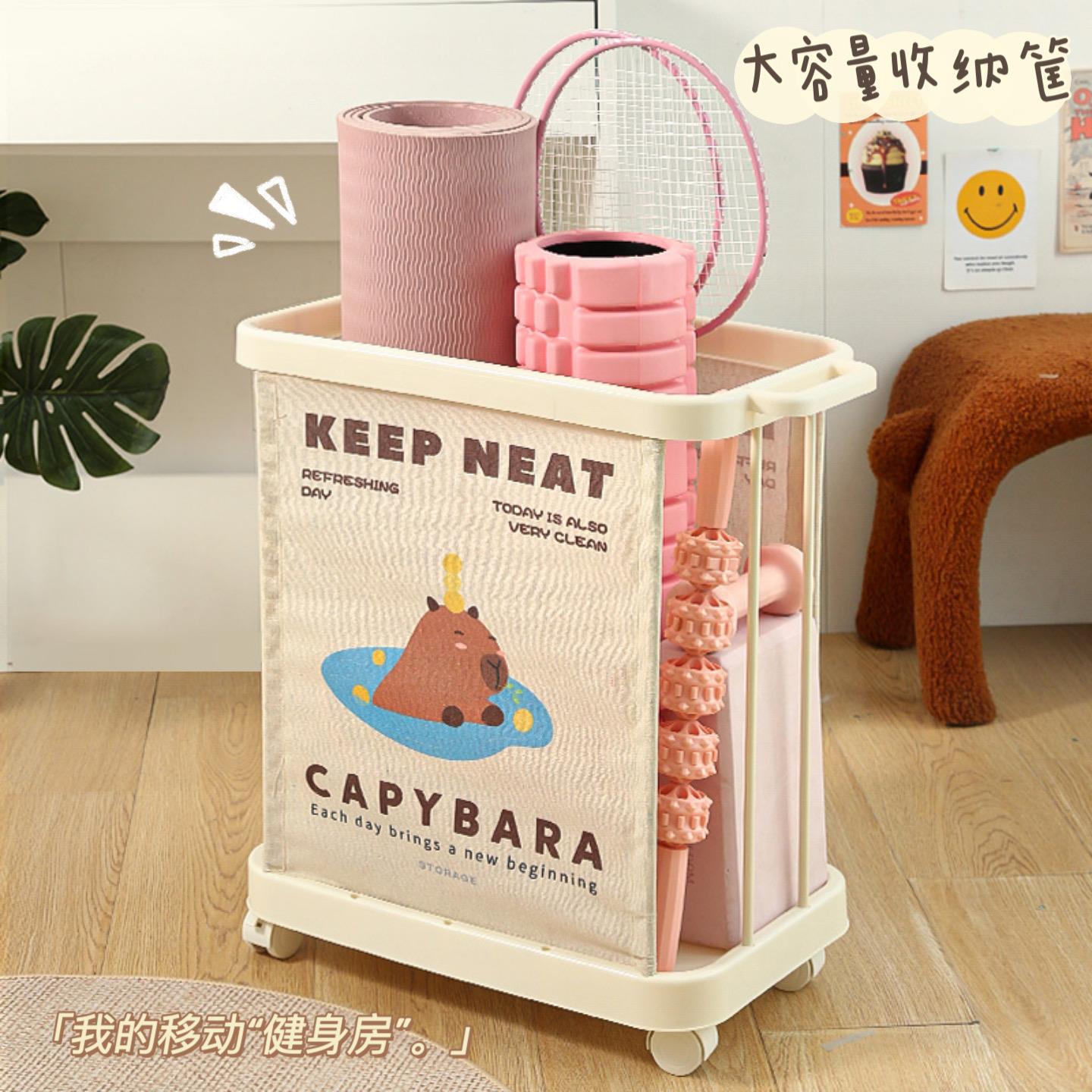 默默爱健身器材收纳筐运动工具移动小推车羽毛球拍瑜珈垫置物篮架