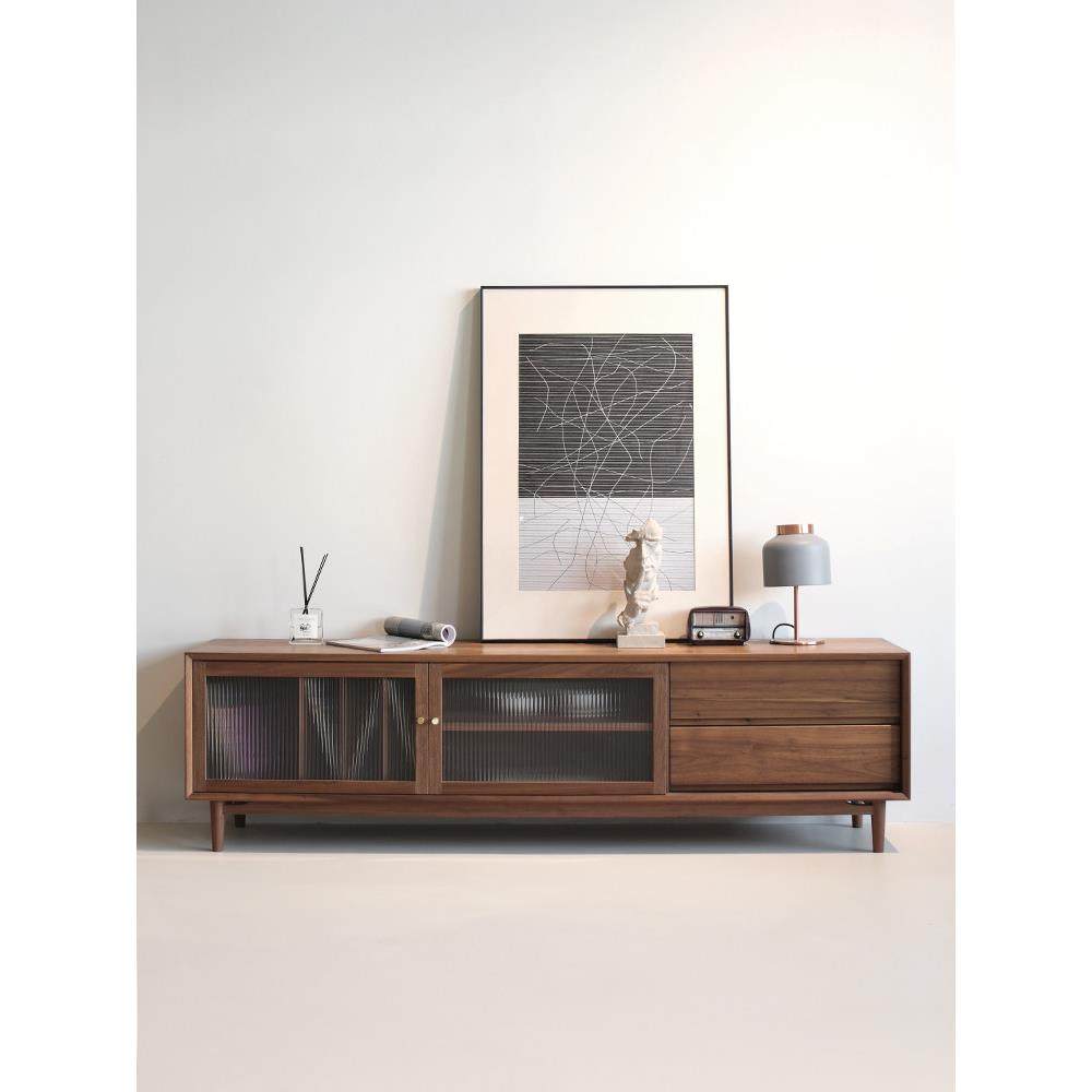 北欧落地黑胡桃实木电视柜客厅家用简约现代玻璃收纳储物柜一体,住宅家具,电视柜,淘宝优惠券,粉丝福利购,淘宝优惠卷